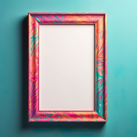 Blank picture frame on turquoise wall. 3d renderingの素材