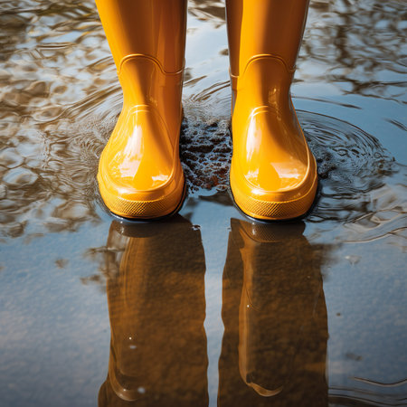 Female legs in yellow rubber boots on a background of puddlesの素材
