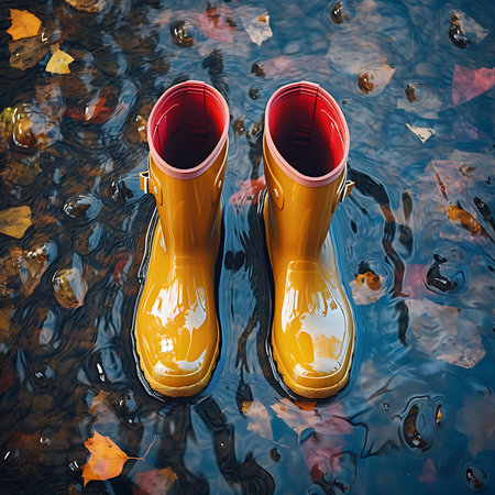 Yellow rubber boots on the background of autumn leaves in the water.の素材