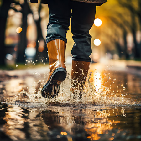 Young woman in rubber boots splashing water in a puddle.の素材
