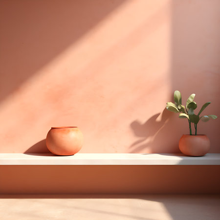 Empty shelf with plant pot on orange wall background. Peach Fuzz color of the year 2024の素材