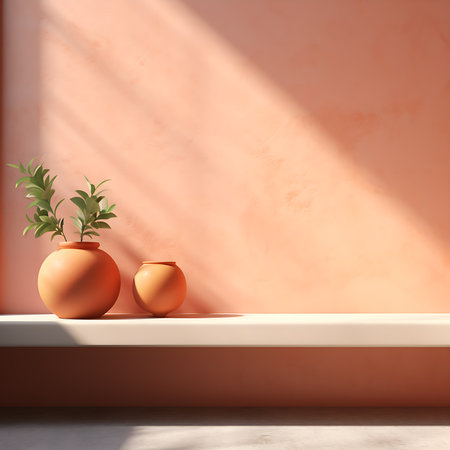 Peach Fuzz color of the year 2024. A shelf with two vases on the wallの素材