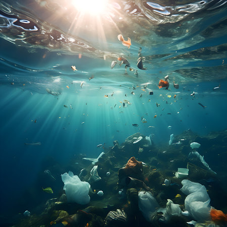 Underwater view of the ocean with plastic garbage and tropical fish.の素材