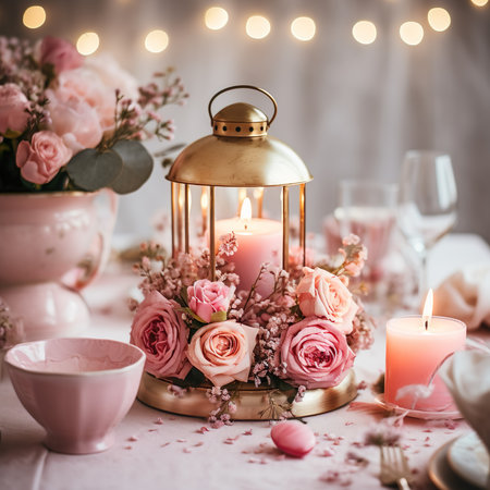 Romantic table setting with pink roses, candles and vintage lantern.の素材