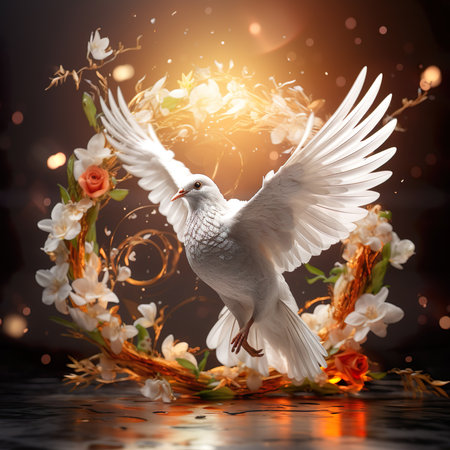 White dove in a wreath of flowers on a dark background.の素材
