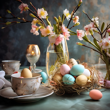 Easter table setting with colorful eggs and spring flowers. Selective focusの素材