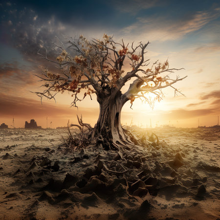 Dry trees in the desert at sunset. 3d rendering.の素材