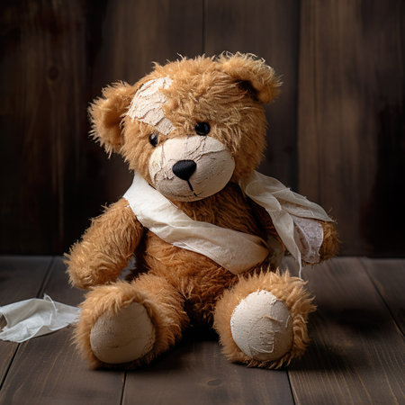 Teddy bear with bandage on his neck on wooden background.の素材