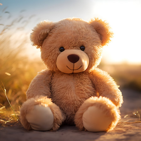 Teddy bear sitting on the ground in the field at sunset.の素材