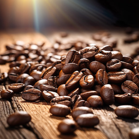 Coffee beans on old wooden table. Selective focus.の素材