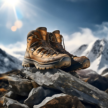 Hiking boots on the rock in the mountains. 3d illustrationsの素材