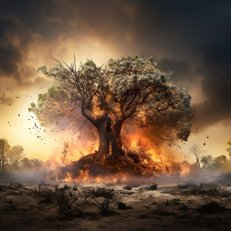 Burning tree in the forest. Conceptual image of natural disasterの素材