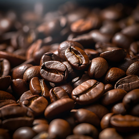 Coffee beans on a dark background. Selective focus. Toned.の素材