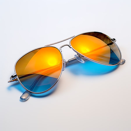 Sunglasses in an iron frame with blue and orange lenses on a white backgroundの素材
