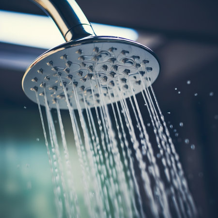 Shower head with water drops flowing in bathroom, closeup.の素材