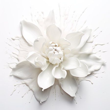 White flower with milk splash on white background. Flat lay, top viewの素材
