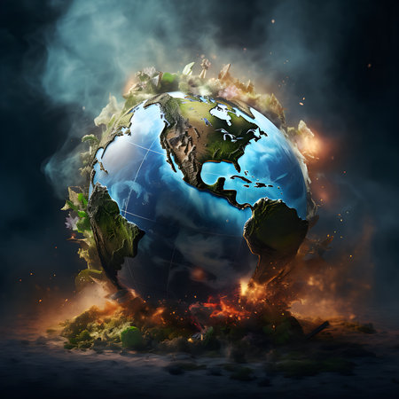 Earth in fire and smoke. Global warming concept. 3D illustrationsの素材