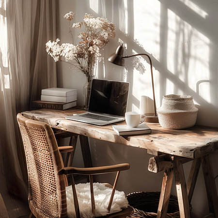Laptop on a wooden table in a home interior. Toned.の素材