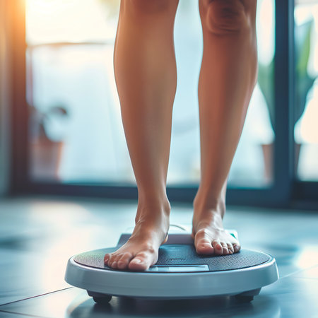 Closeup of female legs on weight scale in gym. Healthy lifestyle conceptの素材