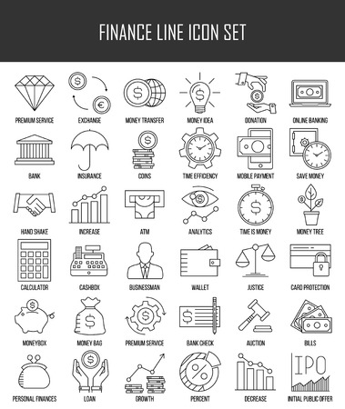 Modern thin line icons set of finance, investment, banking and money. Premium quality outline symbol collection. Simple mono linear pictogram pack for web graphics. Wallet, moneybox, coins and others.のイラスト素材