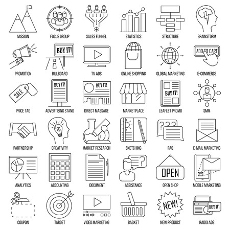 Marketing icons. Advertising and media signs. Marketplace, direct massage, coupon, billboard, statistics and other things. Line art vector illustration.のイラスト素材