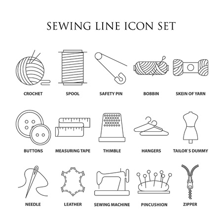 Sewing icons. Embroidery equipment. Bobbin, safety pin, needle, zipper, pincushion and other things for stitching. Line art vector illustration.のイラスト素材