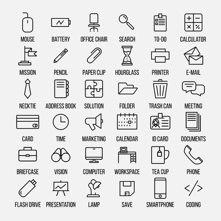 Set of office icons in modern thin line style. High quality black outline business symbols for web site design and mobile apps. Simple linear office pictograms on a white background.のイラスト素材
