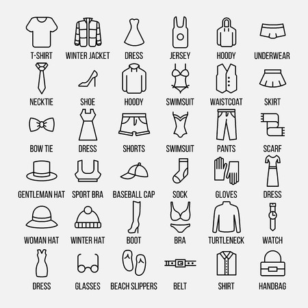 Set of clothing icons in modern thin line style. High quality black outline shirt and dress symbols for web site design and mobile apps. Simple linear accessories pictograms on a white background.のイラスト素材