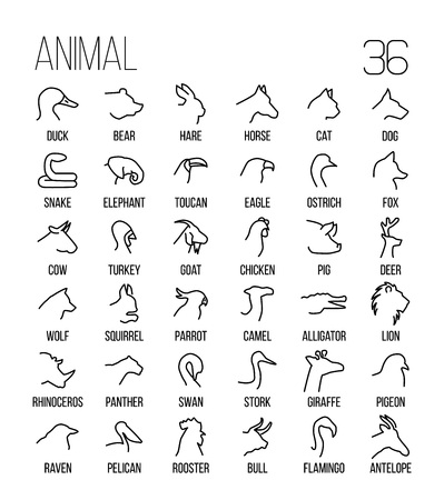 Set of animal icons in modern thin line style. High quality black outline pet and farm animal symbols for web site design and mobile apps. Simple linear wild animal pictograms on a white background.のイラスト素材