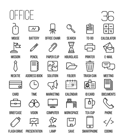 Set of office icons in modern thin line style. High quality black outline business symbols for web site design and mobile apps. Simple linear office pictograms on a white background.のイラスト素材