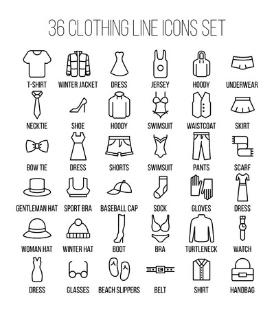 Set of clothing icons in modern thin line style. High quality black outline shirt and dress symbols for web site design and mobile apps. Simple linear accessories pictograms on a white background.のイラスト素材