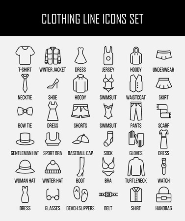 Set of clothing icons in modern thin line style. High quality black outline shirt and dress symbols for web site design and mobile apps. Simple linear accessories pictograms on a white background.のイラスト素材