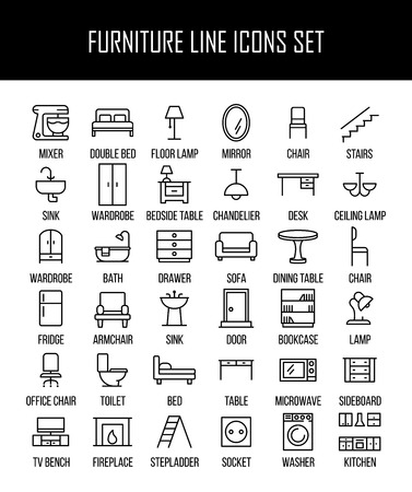 Set of furniture icons in modern thin line style. High quality black outline home symbols for web site design and mobile apps. Simple linear interior pictograms on a white background.のイラスト素材