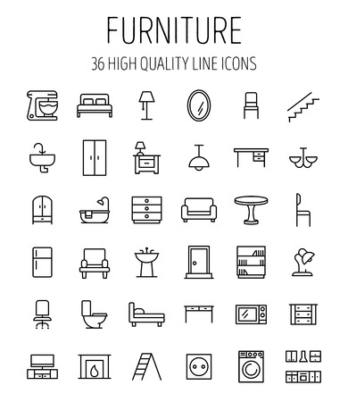 Set of furniture icons in modern thin line style. High quality black outline home symbols for web site design and mobile apps. Simple linear interior pictograms on a white background.のイラスト素材