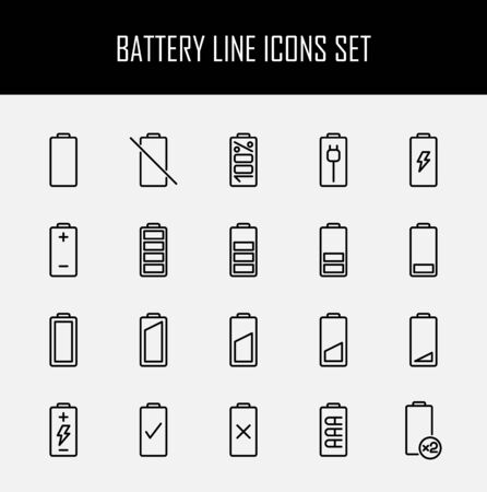 Set of battery icons in modern thin line style. High quality black outline charge symbols for web site design and mobile apps. Simple linear battery pictograms on a white background.のイラスト素材