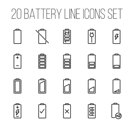 Set of battery icons in modern thin line style. High quality black outline charge symbols for web site design and mobile apps. Simple linear battery pictograms on a white background.のイラスト素材