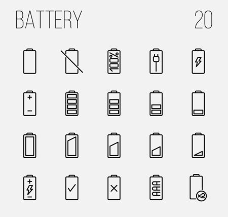 Set of battery icons in modern thin line style. High quality black outline charge symbols for web site design and mobile apps. Simple linear battery pictograms on a white background.のイラスト素材