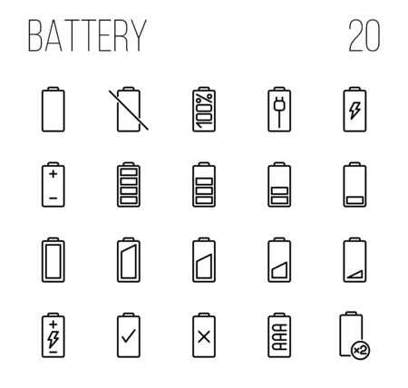 Set of battery icons in modern thin line style. High quality black outline charge symbols for web site design and mobile apps. Simple linear battery pictograms on a white background.のイラスト素材