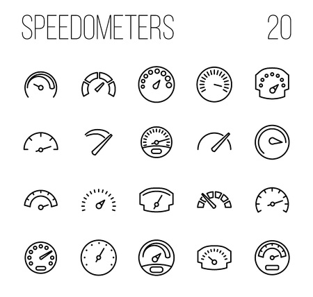 Set of speedometer icons in modern thin line style. High quality black outline odometer symbols for web site design and mobile apps. Simple linear speedometer pictograms on a white background.のイラスト素材