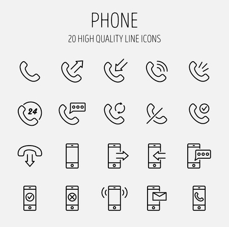 Set of phone icons in modern thin line style. High quality black outline communication symbols for web site design and mobile apps. Simple linear phone pictograms on a white background.のイラスト素材