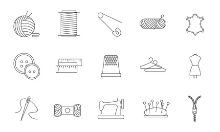 Sewing icons. Embroidery equipment. Bobbin, safety pin, needle, zipper, pincushion and other things for stitching. Line art vector illustration.のイラスト素材