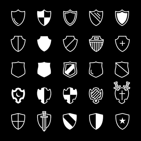 Set of ancient shields with different emblems in modern line design. For safe, guard, protection, security, shield and other illustration. Vector illustration on a black background.のイラスト素材