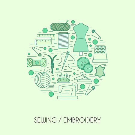 Different sewing elements arranged in a circle. Vector line art. Unique illustration for banners, flyers, t-shirts and other types of business design.のイラスト素材