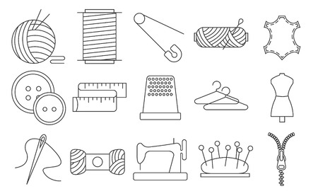 Sewing icons. Embroidery equipment. Bobbin, safety pin, needle, zipper, pincanshion and other things for stitching. Line art vector illustration.のイラスト素材