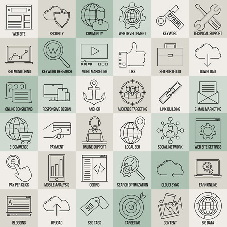 SEO icons. Internet and development signs. Web site, keyword, anchor, SMM, technical support, video marketing and other things. Line art vector illustration.のイラスト素材