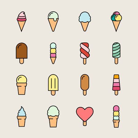 Collection of 16 vector ice creams. Chocolate, vanilla, heart ice creams. Vector illustration isolated on a light background. Ice cream cone and ice cream on stick icons.のイラスト素材