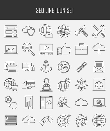SEO icons. Internet and development signs. Web site, keyword, anchor, SMM, technical support, video marketing and other things. Line art vector illustration.のイラスト素材