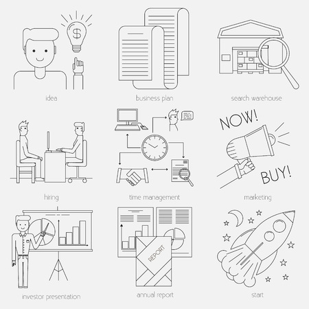 Business icons. Start up and management signs. Line art vector illustration.のイラスト素材