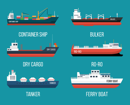 Set of ships in modern flat style. High quality delivery and shipping boats illustration. Set of container ship, bulker, ro-ro, tanker, dry cargo, ferry boat. Vector illustration isolated on a blue background.のイラスト素材
