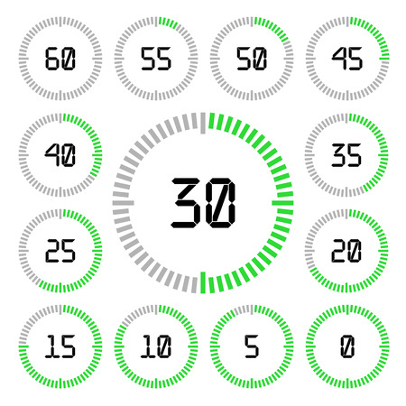 Countdown timer with five minutes interval in modern style. Set of 13 timer icons. Vector illustration on a white background.のイラスト素材
